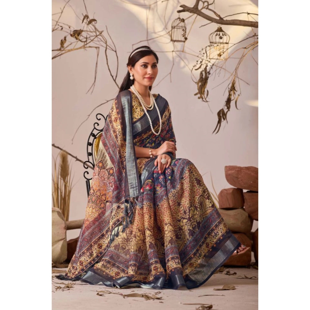 Beautiful Women's Faux Linen Printed Saree With Blouse Piece