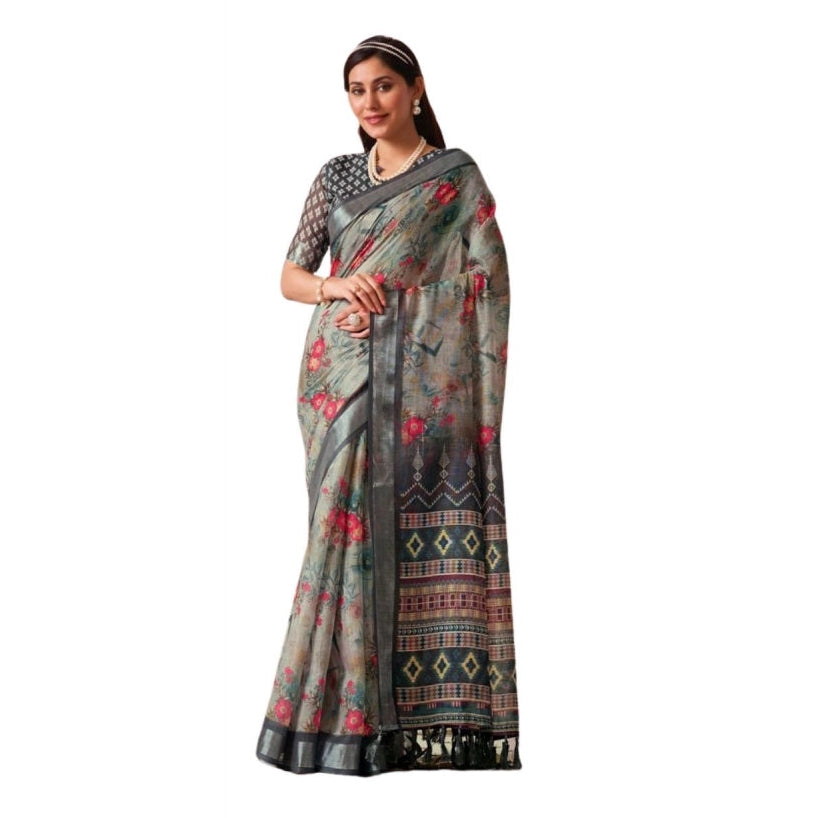 Beautiful Women's Faux Linen Printed Saree With Blouse Piece