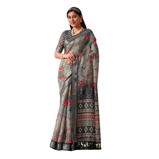 Beautiful Women's Faux Linen Printed Saree With Blouse Piece