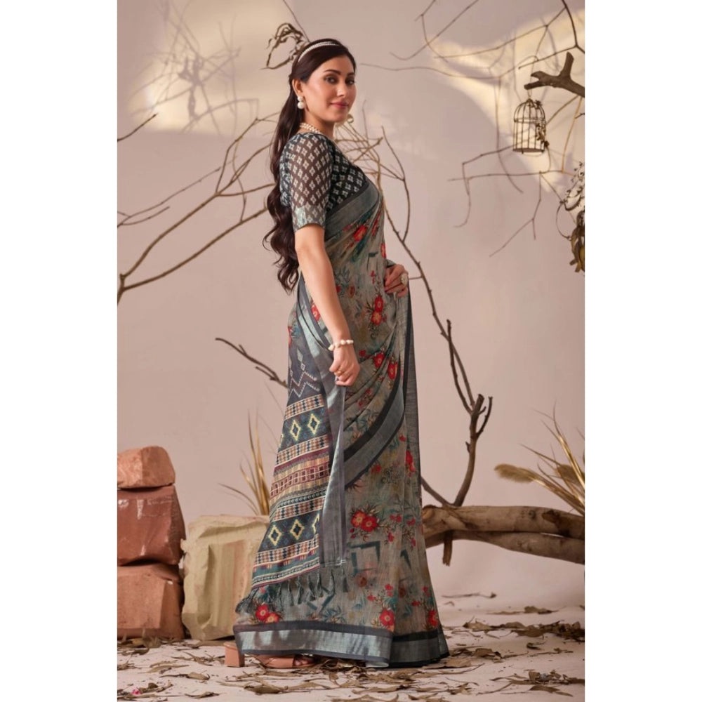 Beautiful Women's Faux Linen Printed Saree With Blouse Piece