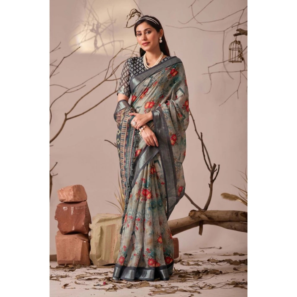 Beautiful Women's Faux Linen Printed Saree With Blouse Piece
