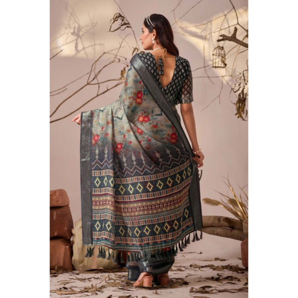 Beautiful Women's Faux Linen Printed Saree With Blouse Piece