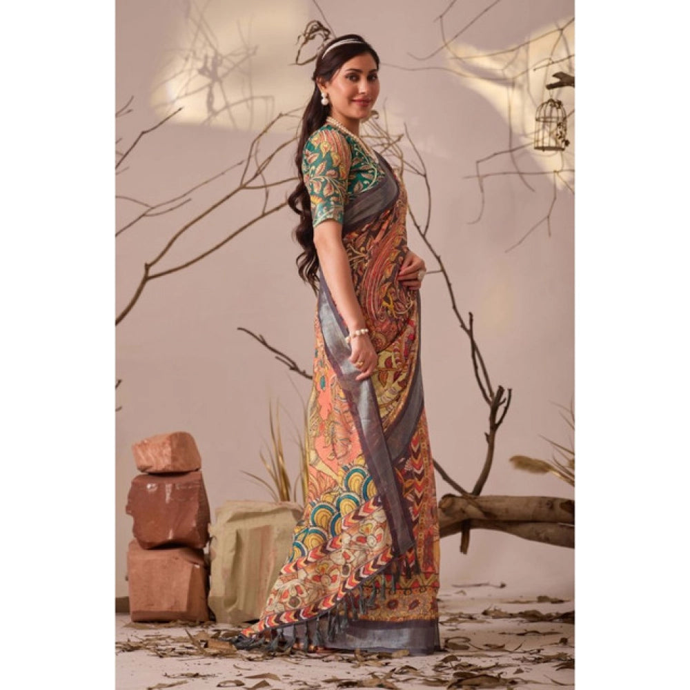 Beautiful Women's Faux Linen Printed Saree With Blouse Piece