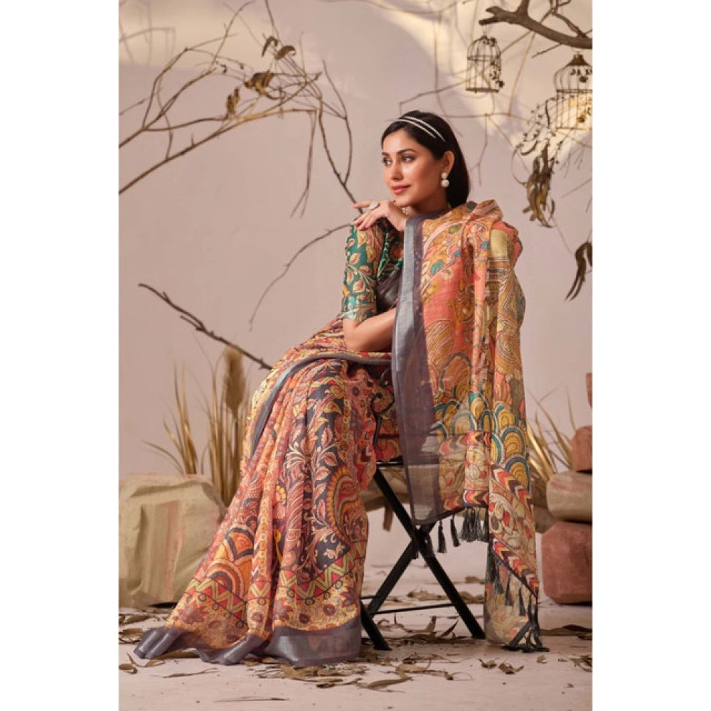 Beautiful Women's Faux Linen Printed Saree With Blouse Piece