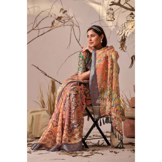 Beautiful Women's Faux Linen Printed Saree With Blouse Piece