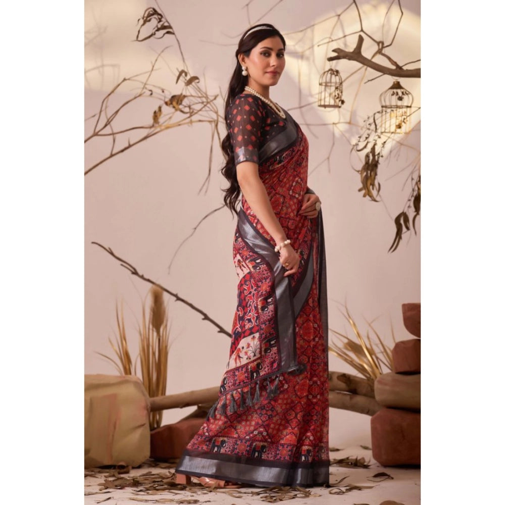 Beautiful Women's Faux Linen Printed Saree With Blouse Piece