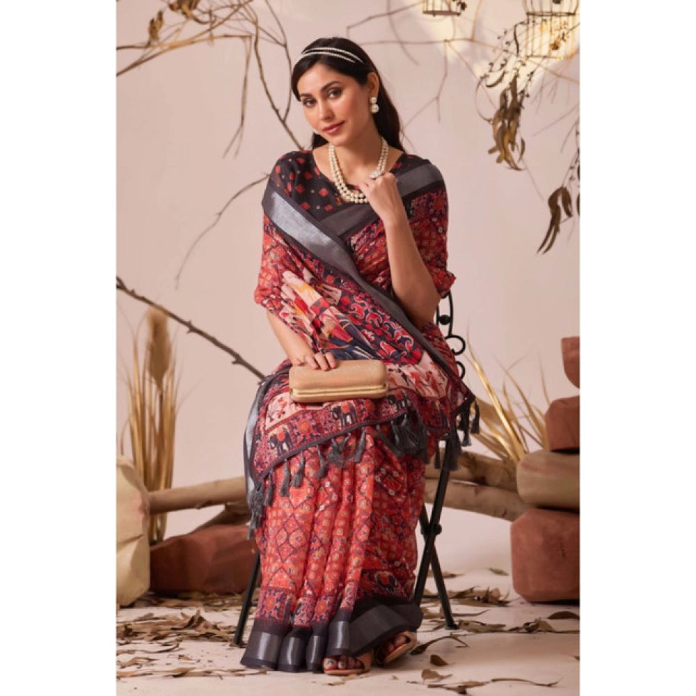 Beautiful Women's Faux Linen Printed Saree With Blouse Piece