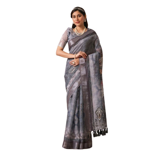 Beautiful Women's Faux Linen Printed Saree With Blouse Piece