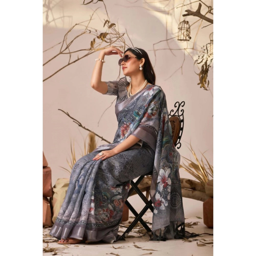 Beautiful Women's Faux Linen Printed Saree With Blouse Piece