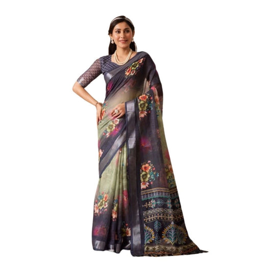 Beautiful Women's Faux Linen Printed Saree With Blouse Piece
