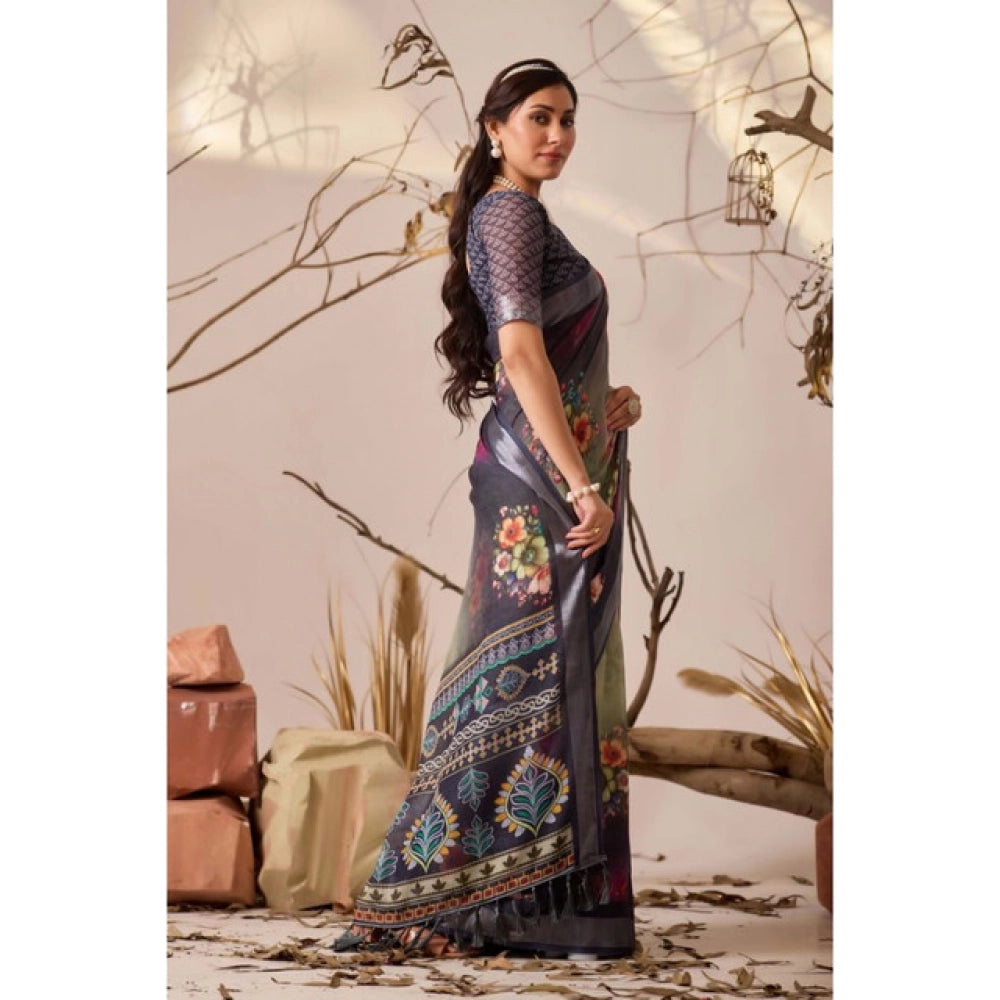 Beautiful Women's Faux Linen Printed Saree With Blouse Piece