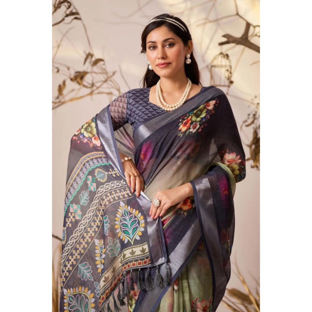 Beautiful Women's Faux Linen Printed Saree With Blouse Piece