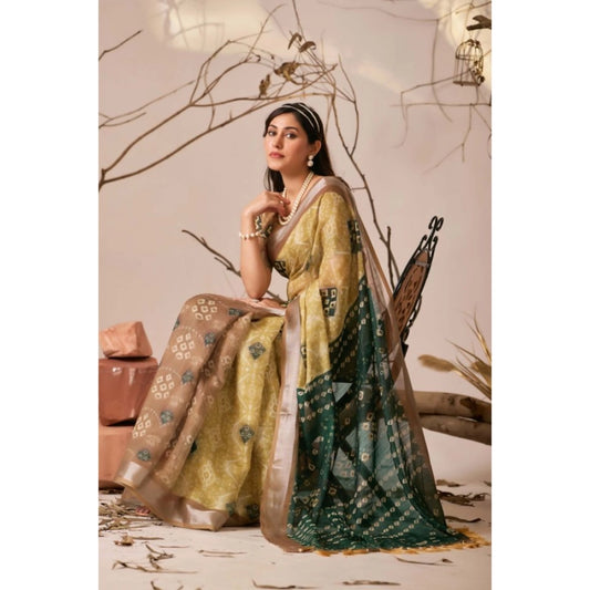 Beautiful Women's Faux Linen Printed Saree With Blouse Piece