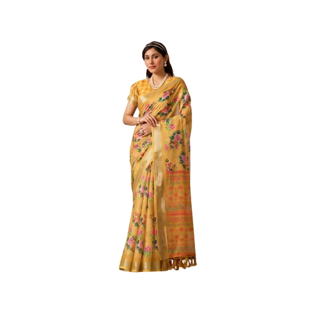 Beautiful Women's Faux Linen Printed Saree With Blouse Piece