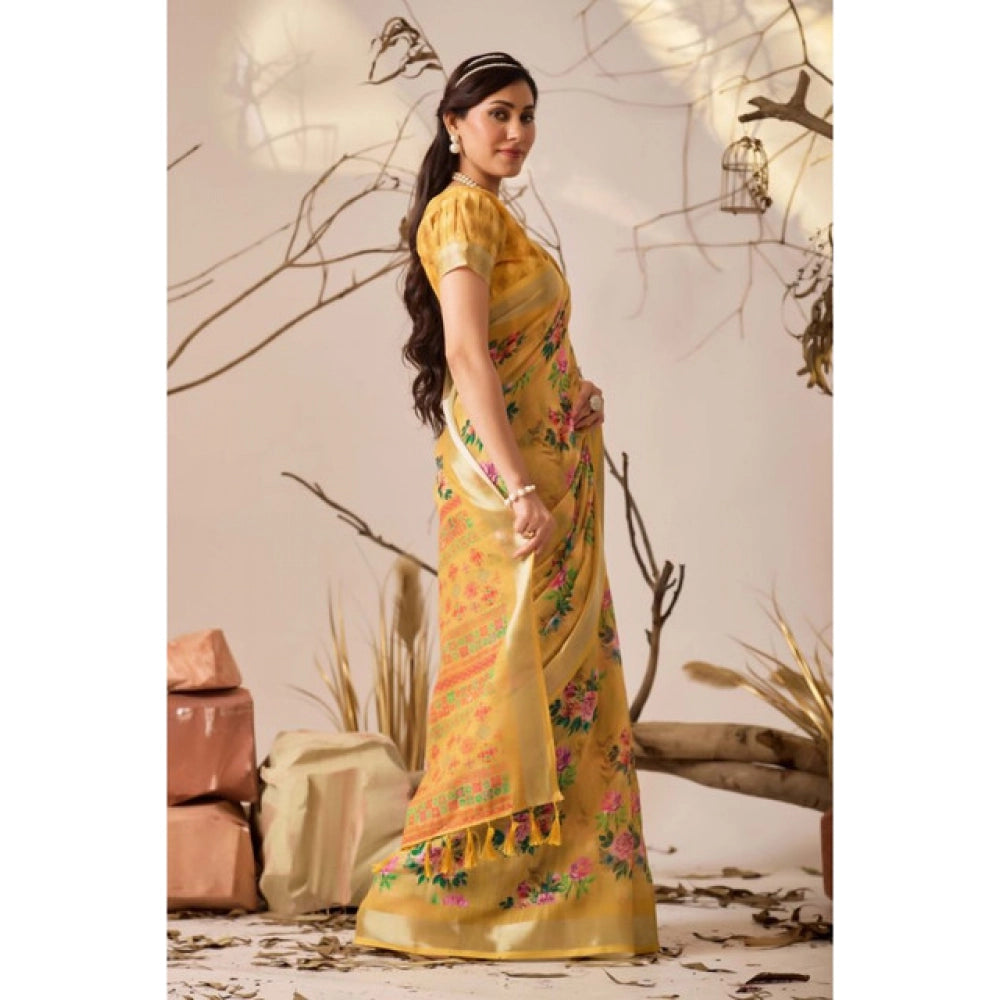 Beautiful Women's Faux Linen Printed Saree With Blouse Piece