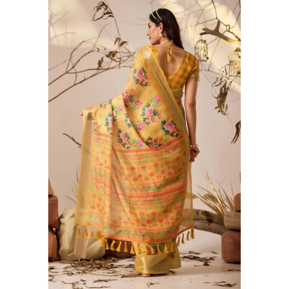 Beautiful Women's Faux Linen Printed Saree With Blouse Piece