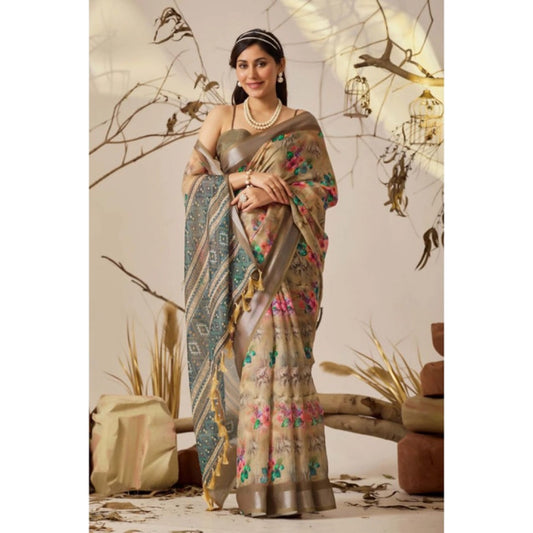 Beautiful Women's Faux Linen Printed Saree With Blouse Piece