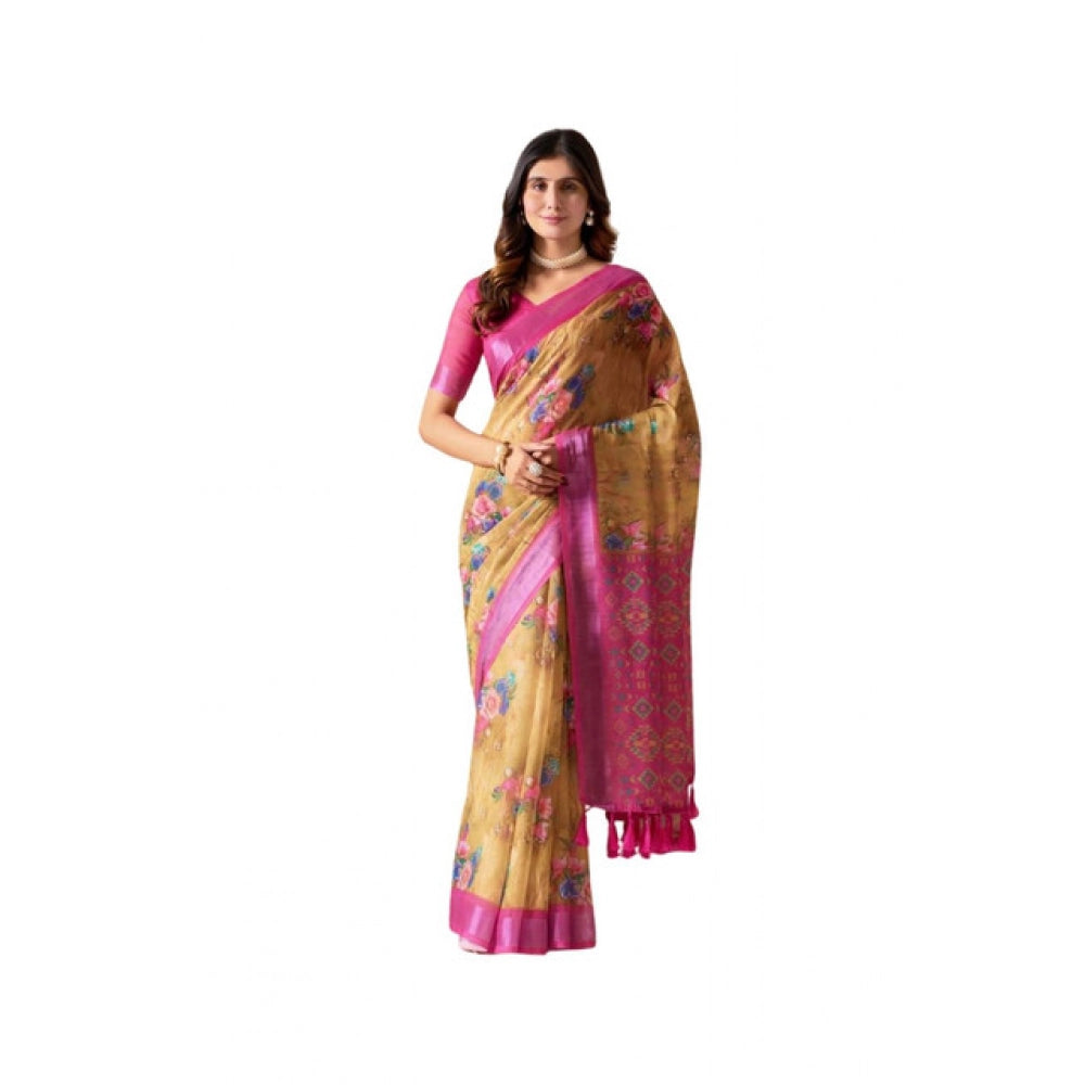 Beautiful Women's Faux Linen Printed Saree With Blouse Piece