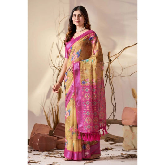 Beautiful Women's Faux Linen Printed Saree With Blouse Piece