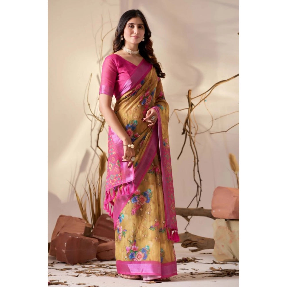 Beautiful Women's Faux Linen Printed Saree With Blouse Piece