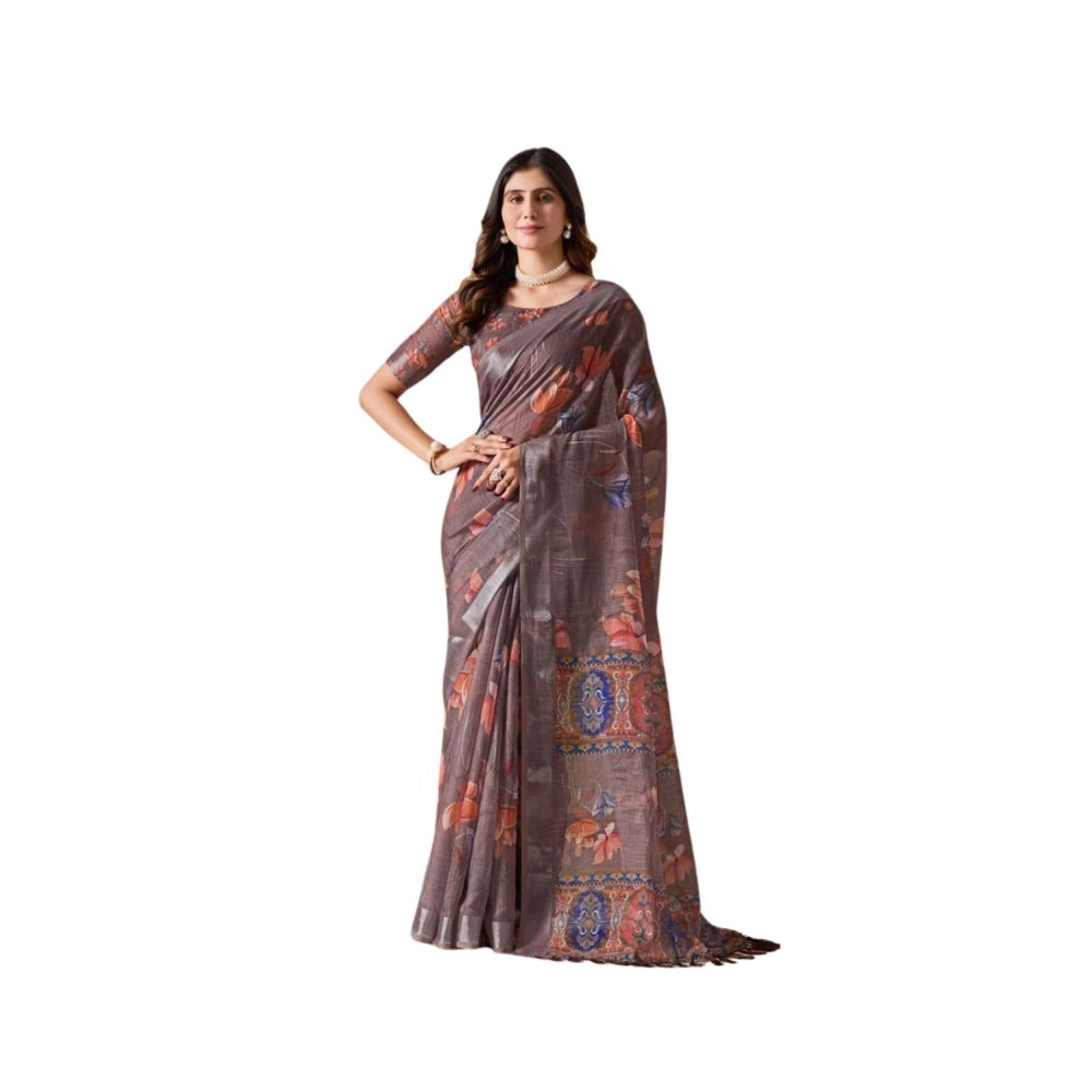Beautiful Women's Faux Linen Printed Saree With Blouse Piece