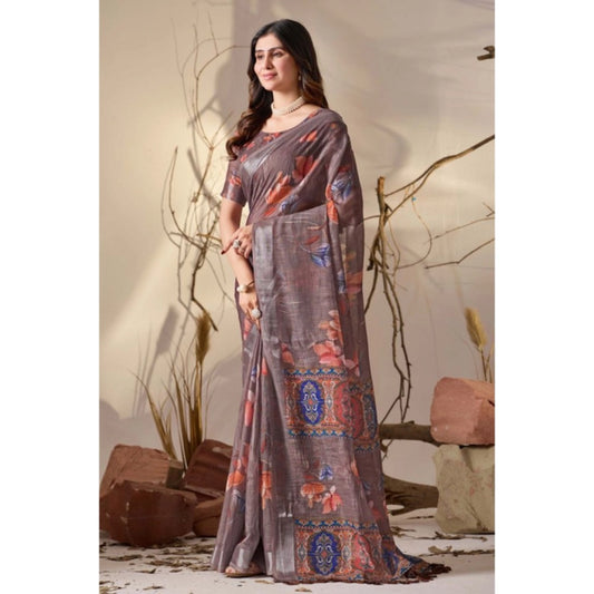 Beautiful Women's Faux Linen Printed Saree With Blouse Piece