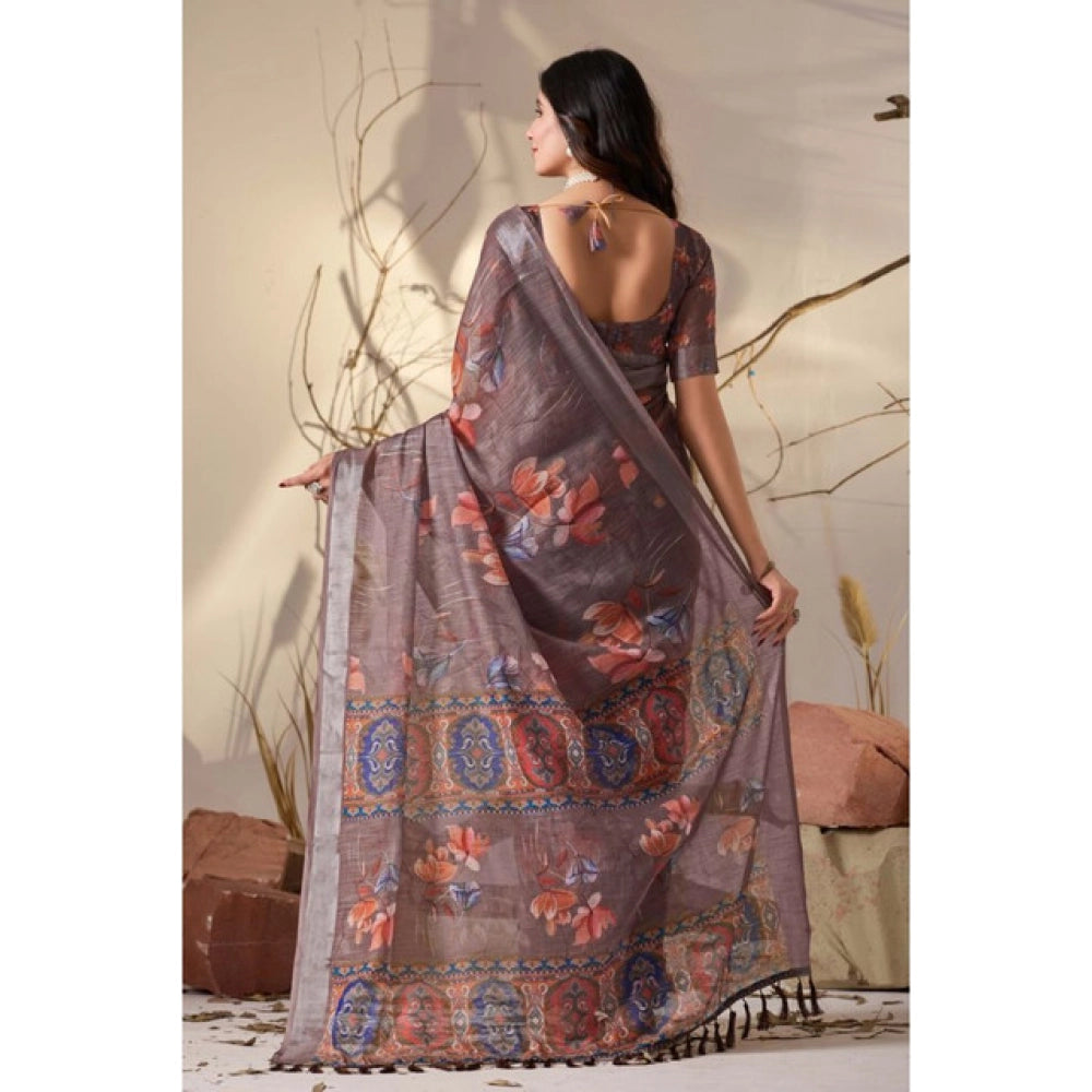 Beautiful Women's Faux Linen Printed Saree With Blouse Piece