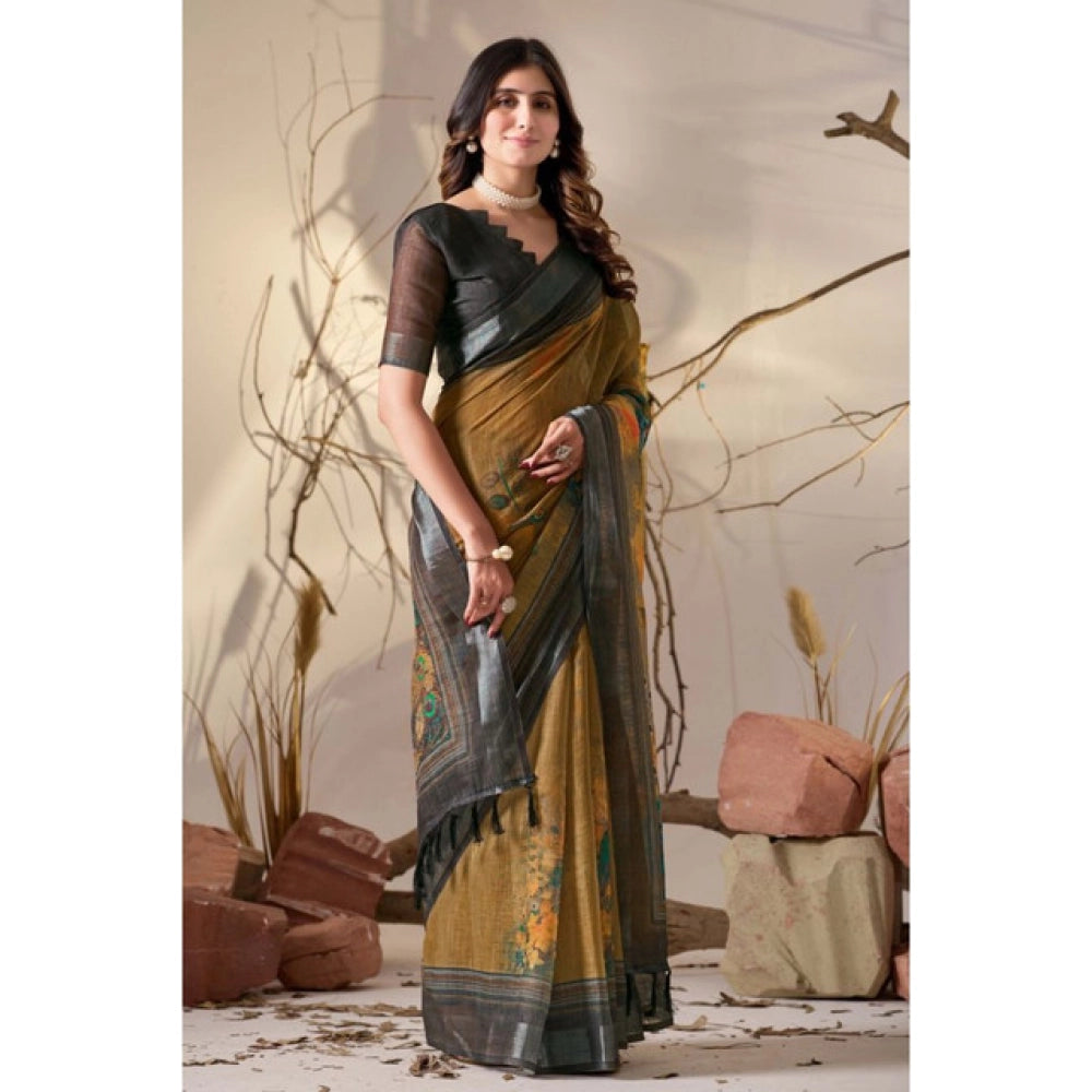 Beautiful Women's Faux Linen Printed Saree With Blouse Piece