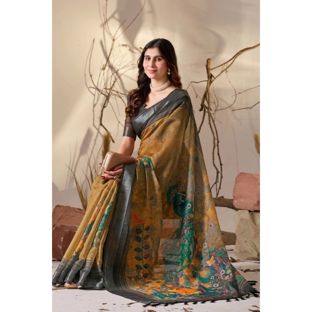 Beautiful Women's Faux Linen Printed Saree With Blouse Piece