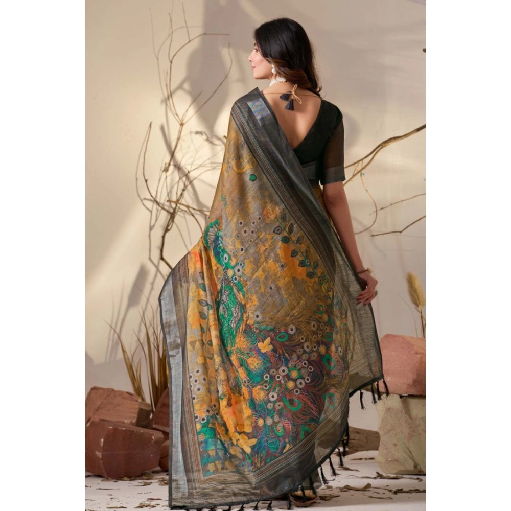 Beautiful Women's Faux Linen Printed Saree With Blouse Piece