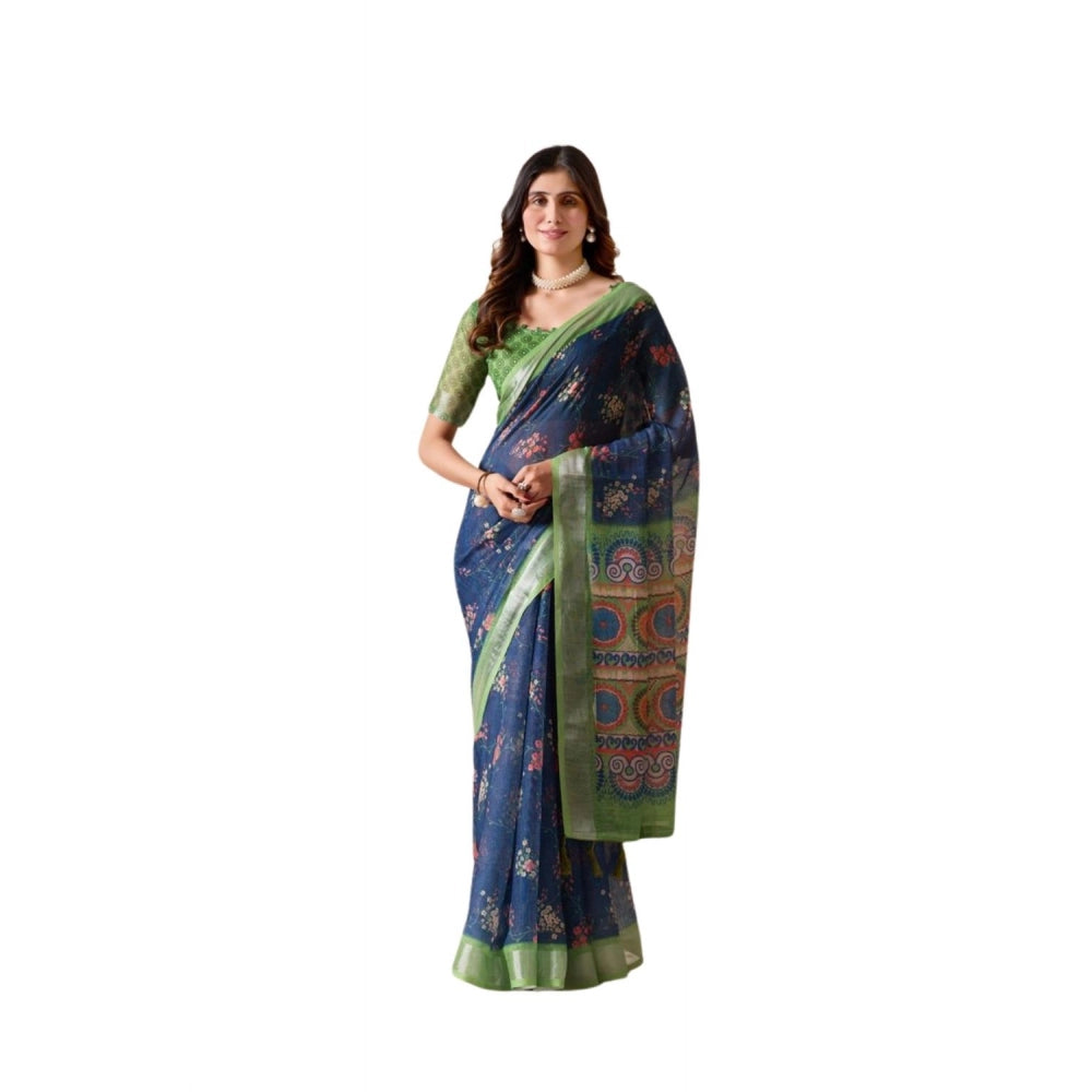 Beautiful Women's Faux Linen Printed Saree With Blouse Piece