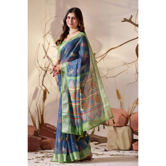 Beautiful Women's Faux Linen Printed Saree With Blouse Piece