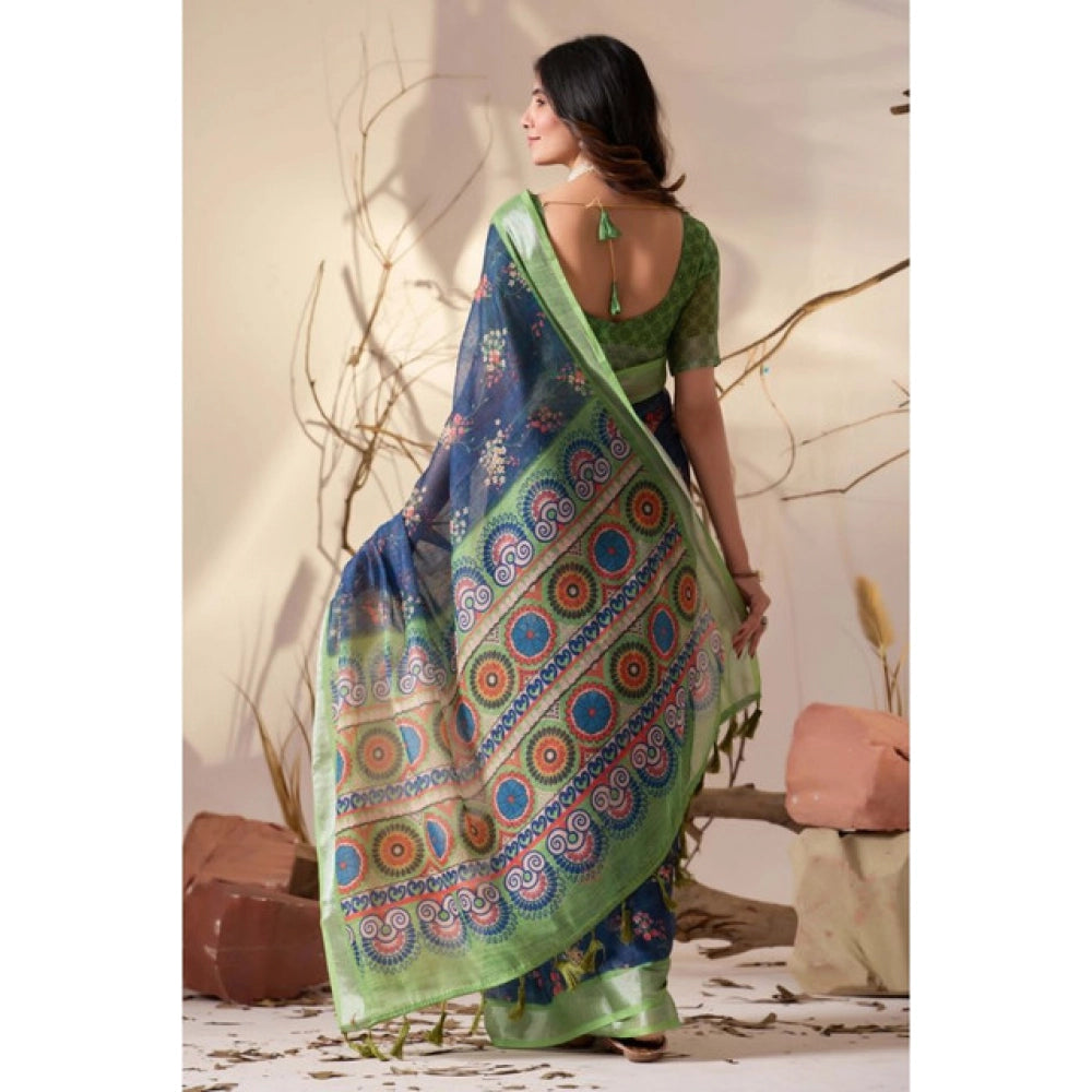 Beautiful Women's Faux Linen Printed Saree With Blouse Piece