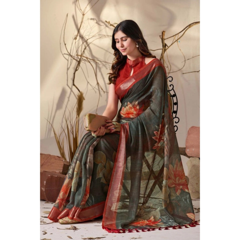 Beautiful Women's Faux Linen Printed Saree With Blouse Piece