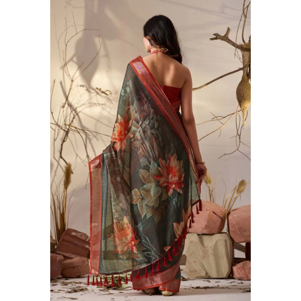Beautiful Women's Faux Linen Printed Saree With Blouse Piece
