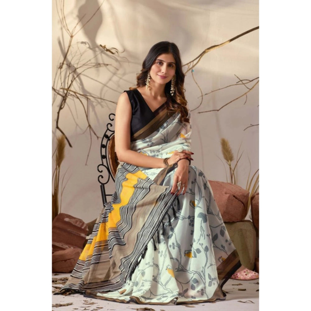 Pretty Women's Faux Linen Printed Saree With Blouse Piece