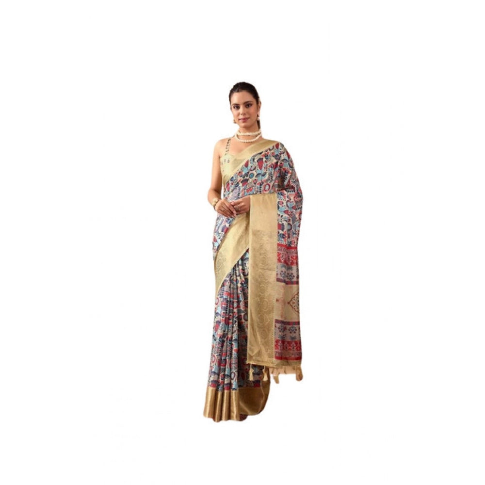 Stylish Women's Faux Banarasi Silk Printed Saree With Blouse Piece