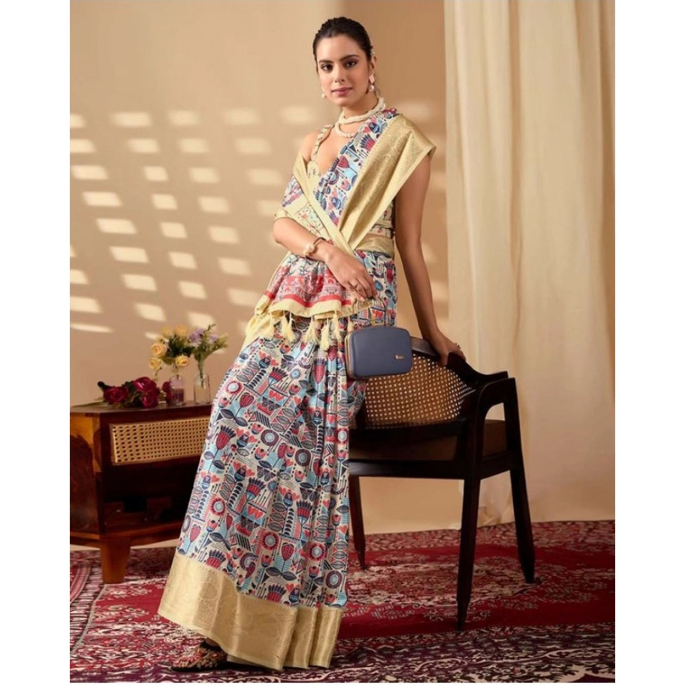 Stylish Women's Faux Banarasi Silk Printed Saree With Blouse Piece