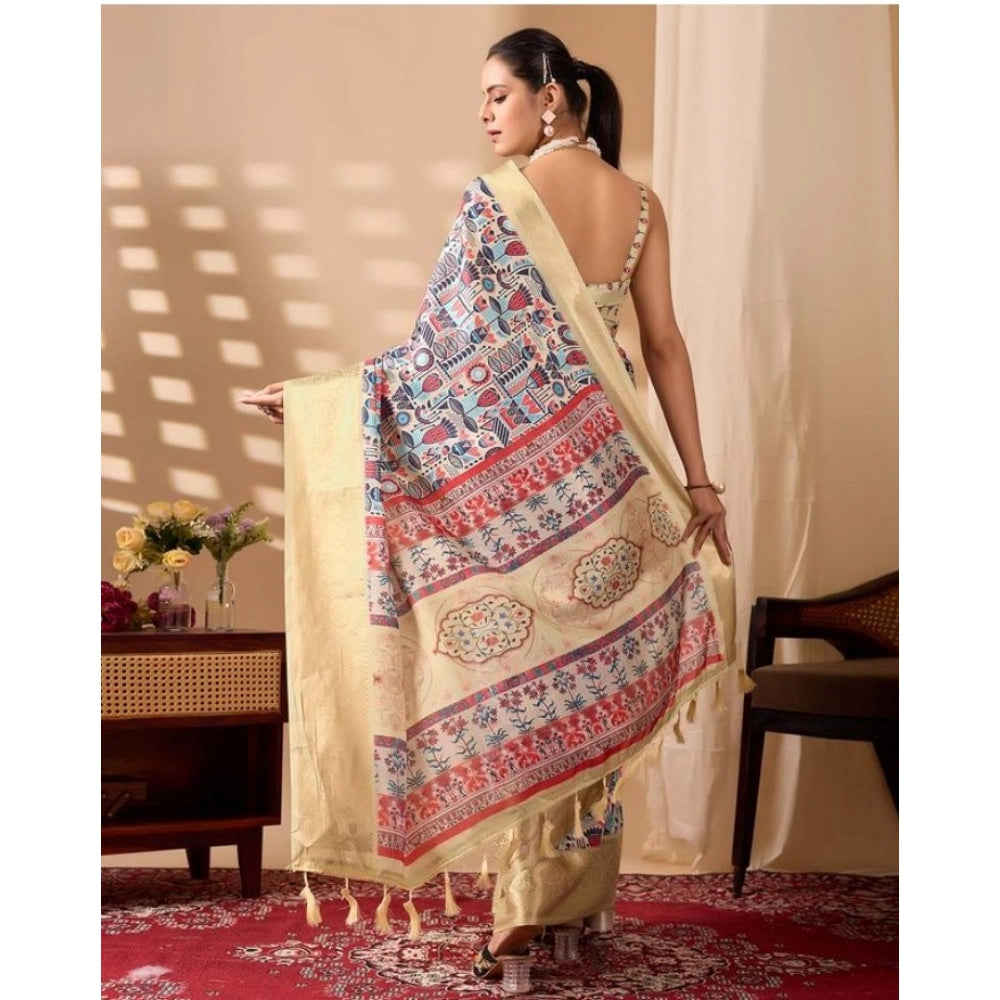 Stylish Women's Faux Banarasi Silk Printed Saree With Blouse Piece