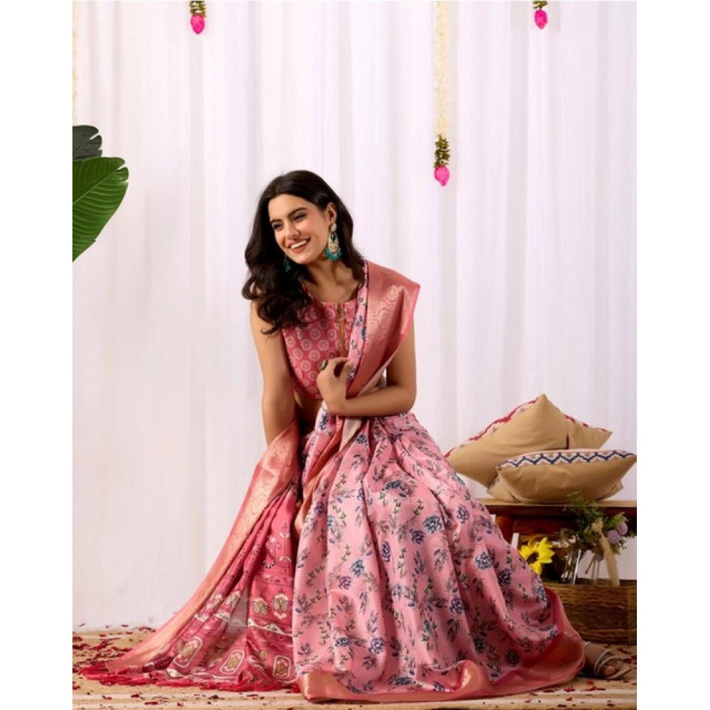 Stylish Women's Faux Banarasi Silk Printed Saree With Blouse Piece