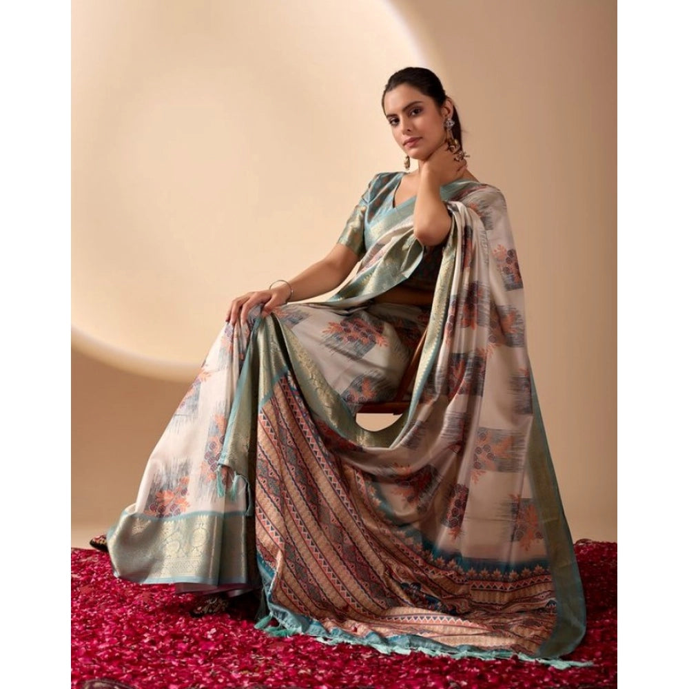 Sensational Women's Faux Silk Blend Printed Saree With Blouse Piece