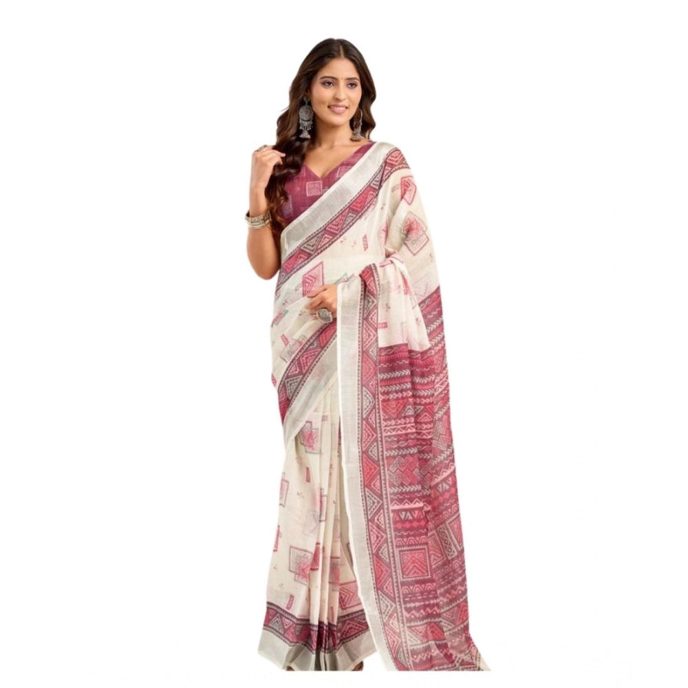 Voguish Women's Linen Cotton Printed Ready To Wear Saree With Blouse Piece