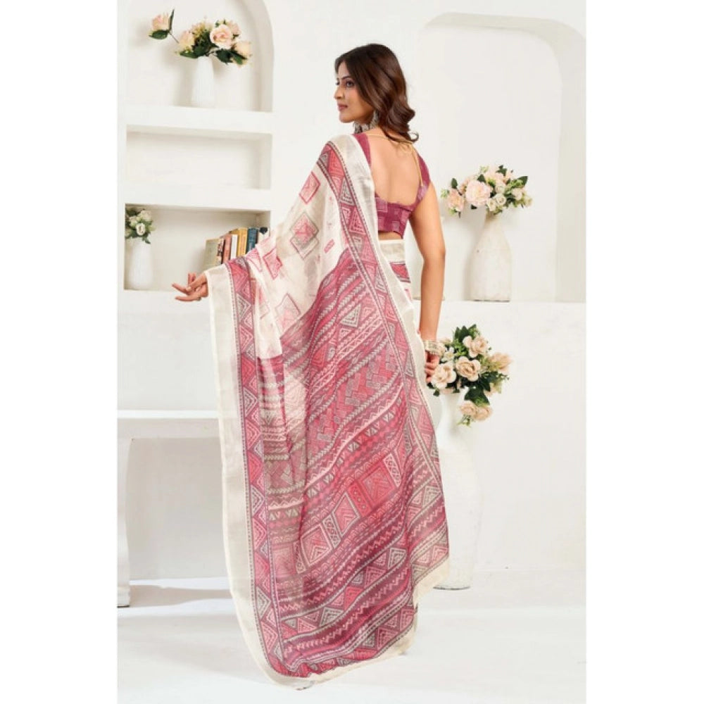 Voguish Women's Linen Cotton Printed Ready To Wear Saree With Blouse Piece