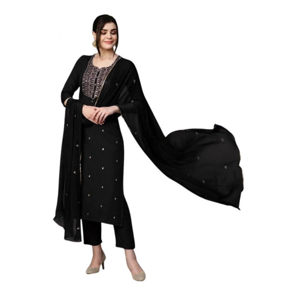 Fabulous Women's Tesla Silk Embroidered U-Neck Kurti With Pant Dupatta Set