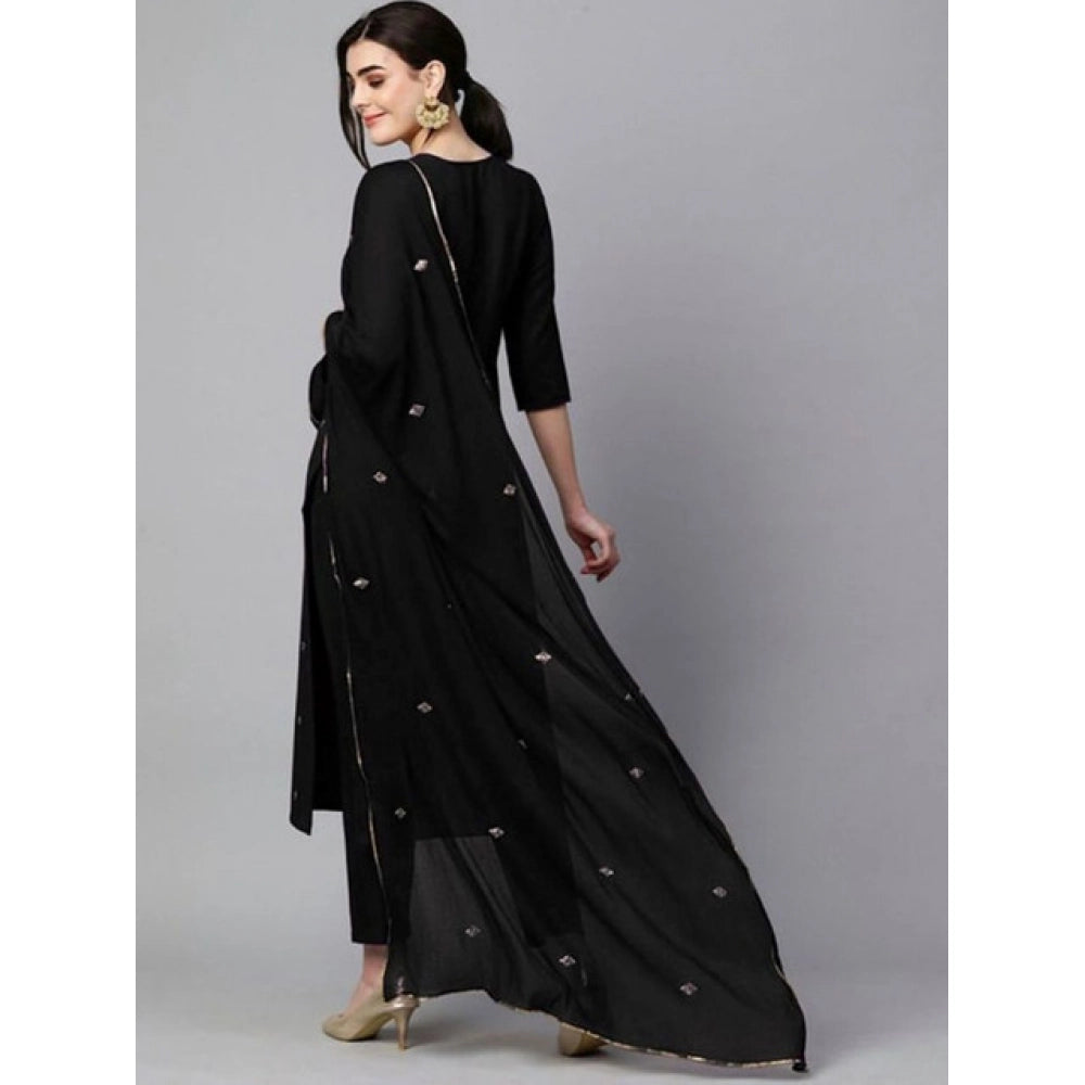 Fabulous Women's Tesla Silk Embroidered U-Neck Kurti With Pant Dupatta Set