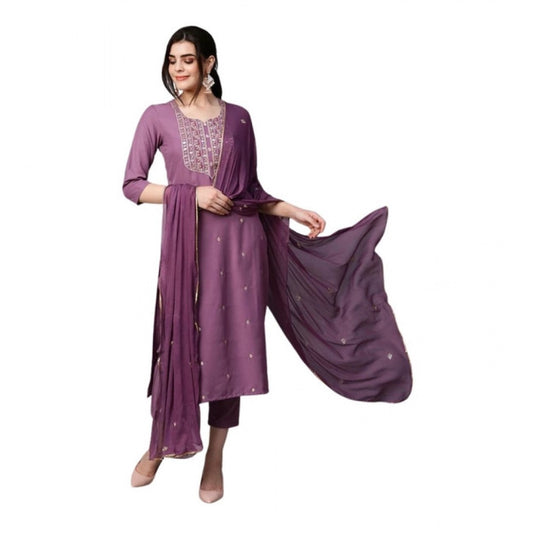 Fabulous Women's Tesla Silk Embroidered U-Neck Kurti With Pant Dupatta Set