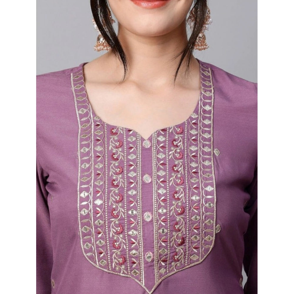 Fabulous Women's Tesla Silk Embroidered U-Neck Kurti With Pant Dupatta Set