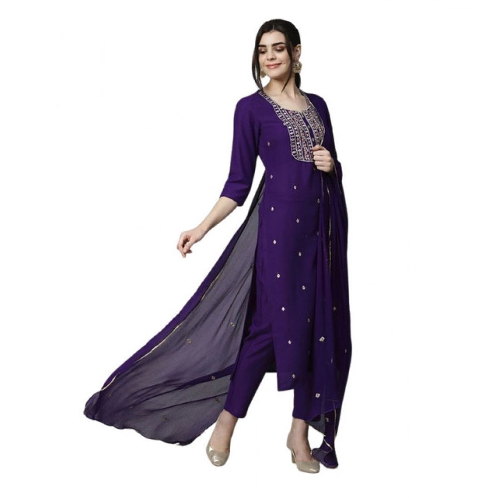 Fabulous Women's Tesla Silk Embroidered U-Neck Kurti With Pant Dupatta Set