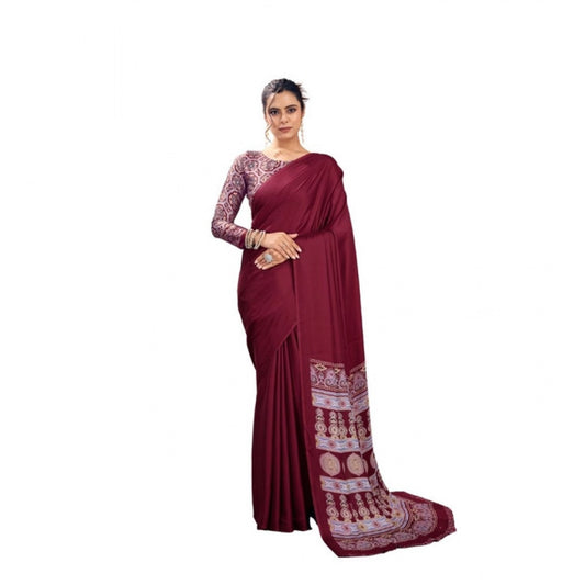 Feminine Women's Satin Crepe Printed Saree With Blouse Piece