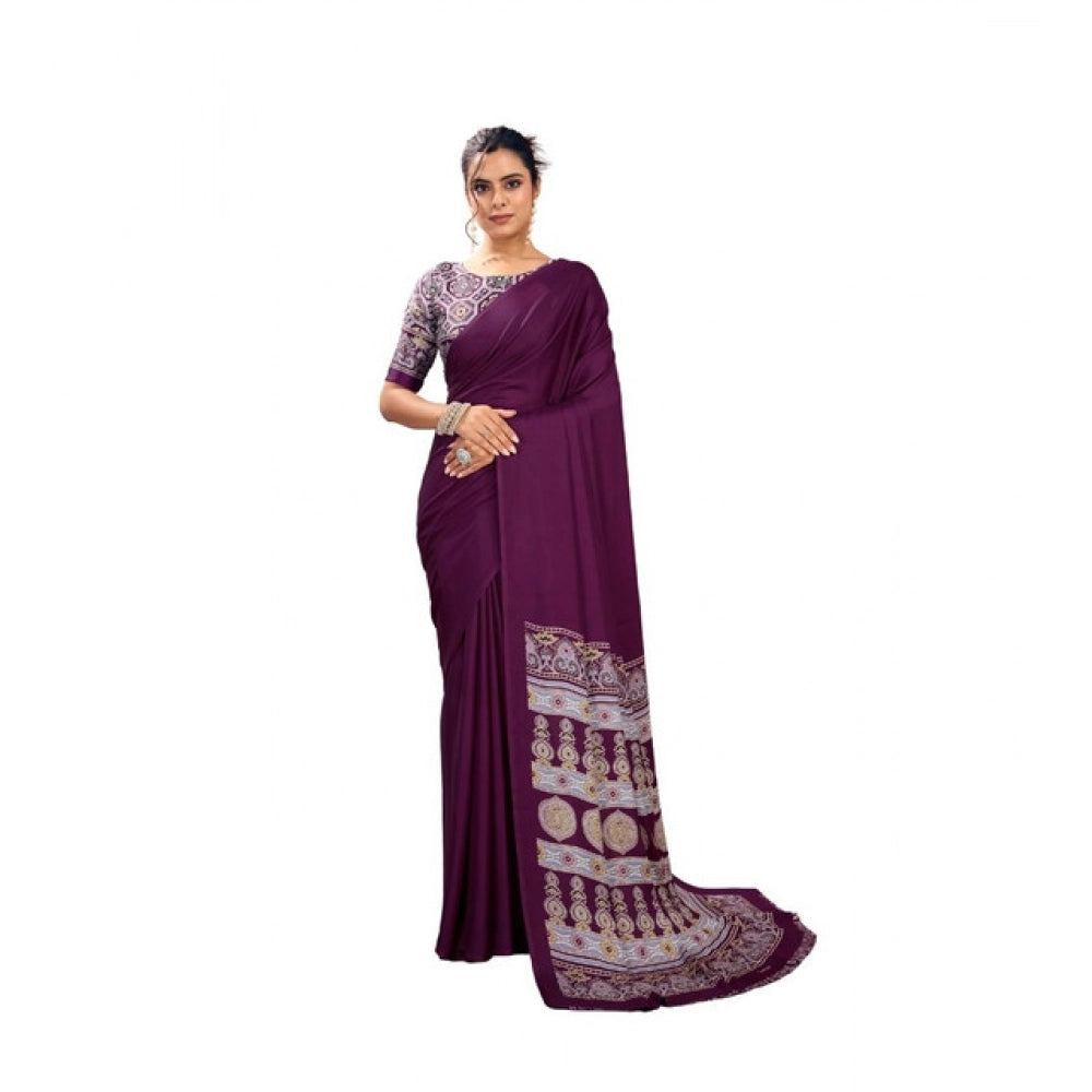 Feminine Women's Satin Crepe Printed Saree With Blouse Piece